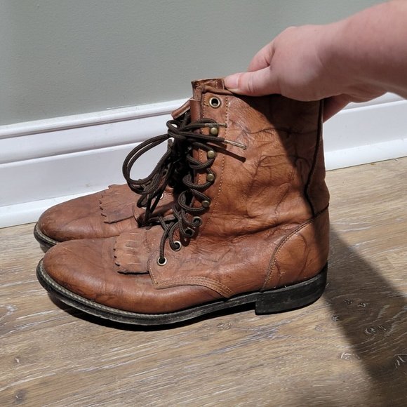 Justin Combat Boots Leather Lace Up Booties Brown Womens Sz 7B - Picture 3 of 6